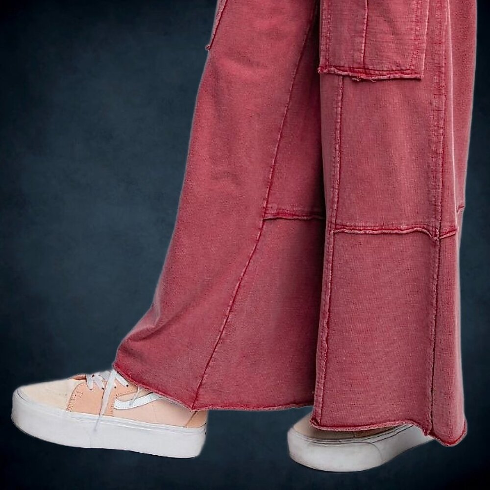 📌 EASEL “Feeling Good Cargos” Mineral Wash Flared Leg Raw Seams & Hems, Pockets - Picture 4 of 16